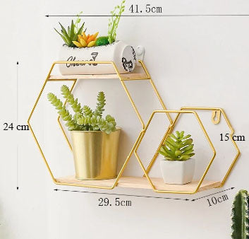 Etajere decorative, cu suport metal, culoarea aurie, hexagon