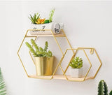 Etajere decorative, cu suport metal, culoarea aurie, hexagon