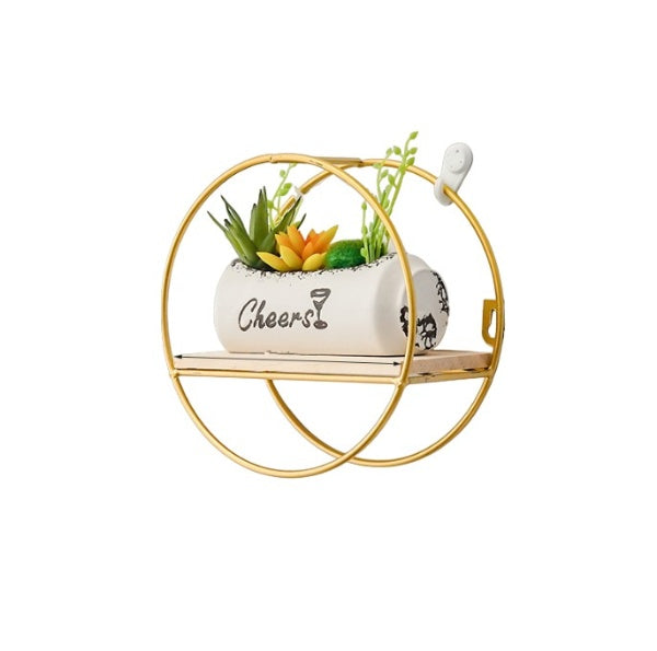 Etajera decorativa cu suport de metal in culoarea aurie, cerc