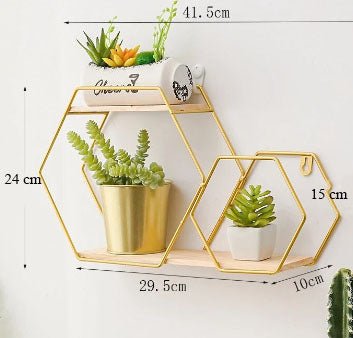 Etajere decorative, cu suport metal, culoarea aurie, hexagon - BUZ.RO