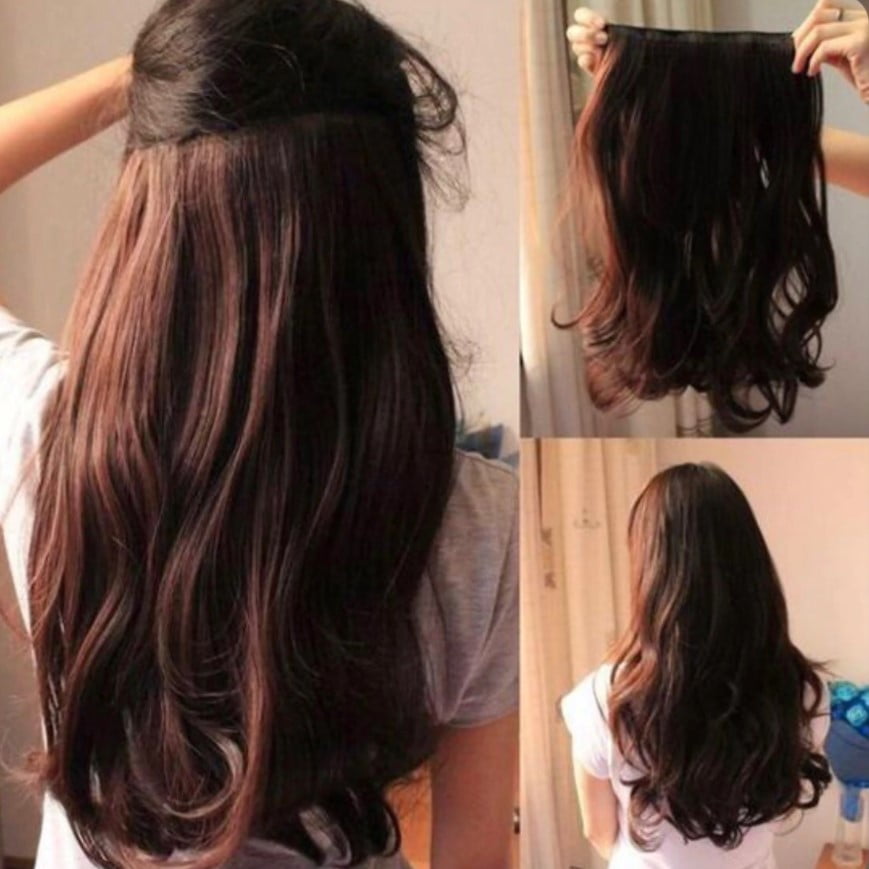 Extensii par ciocolatiu, ondulat, sintetic, cu clips, lungime 60 cm