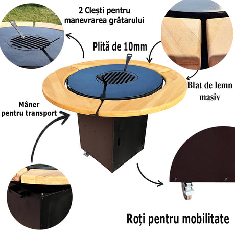 Gratar Rotund de gradina, diametru 75 cm, fire pit cu Plita rotunda 6/8/10 mm Otel dur