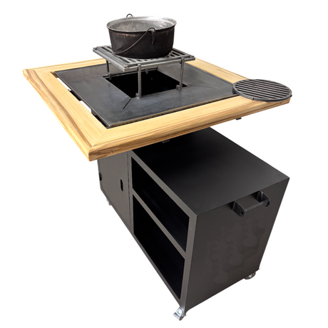 Gratar gradina cu plita 75 cm + blat lemn Firepit din otel 10 mm