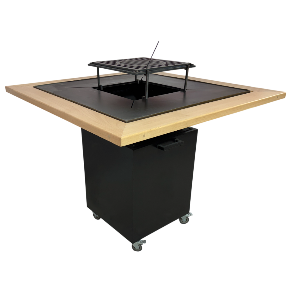 FirePit, Gratar cu plita 75x 75 cm din otel, 10 mm, pentru gradina sau terasa  + blat de lemn