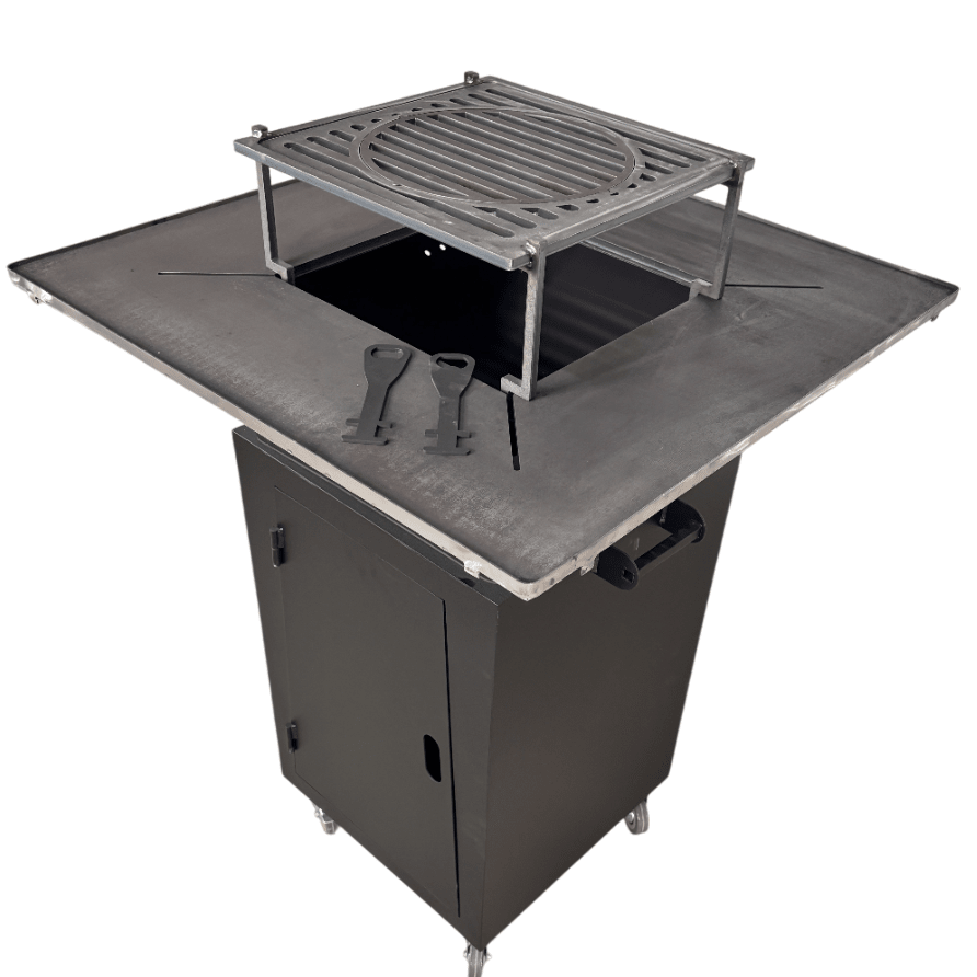 Fire Pit, Gratar cu plita 75x75 cm din otel 10 mm pe lemne, pentru gradina sau terasa  + blat de lemn, cu sticla colorata NEVOPSIT, FARA BLAT DE LEMN SI FARA MOTIVE TRADITIONALE - BUZ.RO