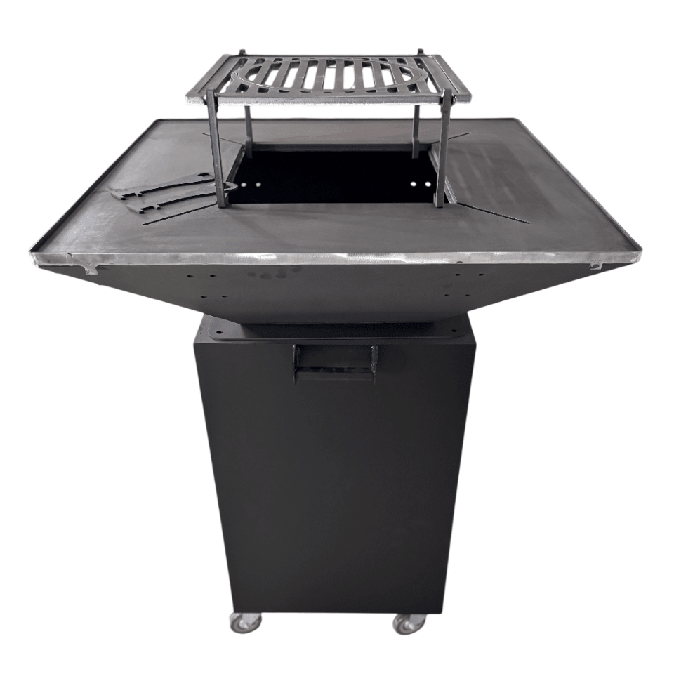 Fire Pit, Gratar cu plita 75x75 cm din otel 10 mm pe lemne, pentru gradina sau terasa  + blat de lemn, cu sticla colorata NEVOPSIT, FARA BLAT DE LEMN SI FARA MOTIVE TRADITIONALE - BUZ.RO