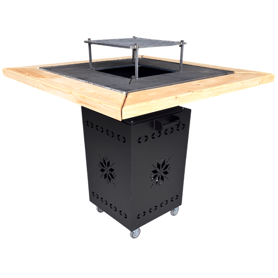 Fire Pit, Gratar cu plita 75x75 cm din otel 10 mm pe lemne, pentru gradina sau terasa FARA BLAT DE LEMN, CU MOTIVE TRADITIONALE - BUZ.RO