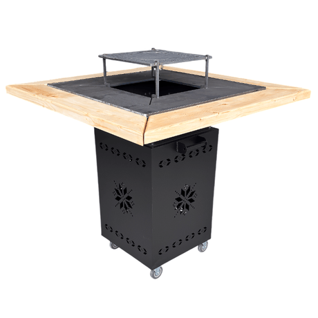 Fire Pit, Gratar cu plita 75x75 cm din otel 10 mm pe lemne, pentru gradina sau terasa FARA BLAT DE LEMN, CU MOTIVE TRADITIONALE - BUZ.RO
