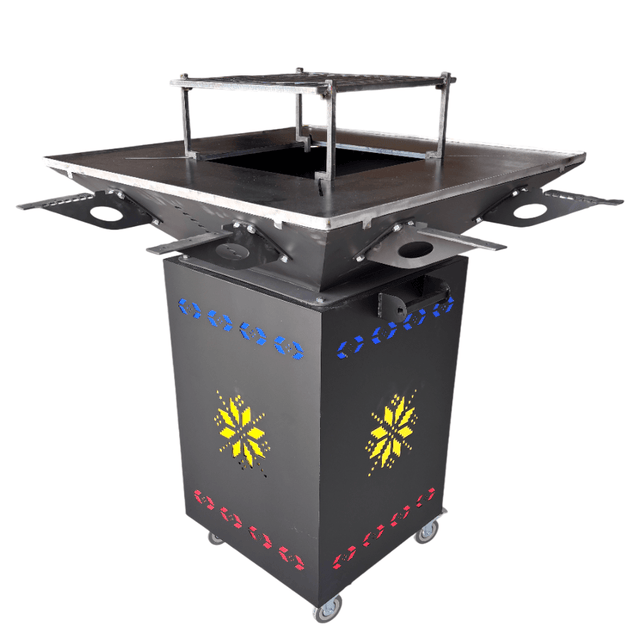 Fire Pit, Gratar cu plita 75x75 cm din otel 10 mm pe lemne, pentru gradina sau terasa FARA BLAT DE LEMN, CU MOTIVE TRADITIONALE - BUZ.RO