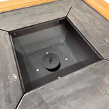 Fire Pit, Gratar cu plita 75x75 cm din otel 10 mm pe lemne, pentru gradina sau terasa  + blat de lemn, cu sticla colorata  CU BLAT DE LEMN SI MOTIVE TRADITIONALE