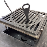 Fire Pit, Gratar cu plita 75x75 cm din otel 10 mm pe lemne, pentru gradina sau terasa  + blat de lemn, cu sticla colorata  CU BLAT DE LEMN SI MOTIVE TRADITIONALE