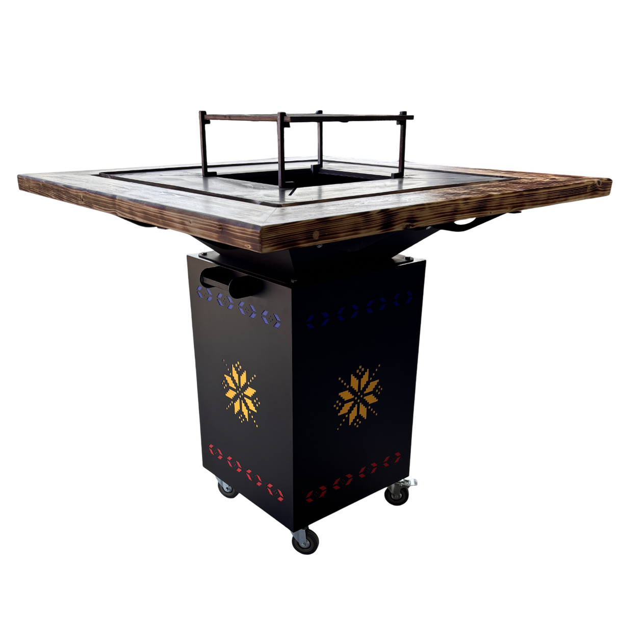 Fire Pit, Gratar cu plita 75x75 cm din otel 10 mm pe lemne, pentru gradina sau terasa  + blat de lemn, cu sticla colorata  CU BLAT DE LEMN SI MOTIVE TRADITIONALE