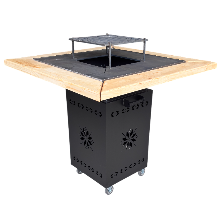 Fire Pit, Gratar cu plita 75x75 cm din otel 10 mm pe lemne, pentru gradina sau terasa  CU BLAT DE LEMN SI MOTIVE TRADITIONALE