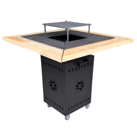 Fire Pit, Gratar cu plita 75x75 cm din otel 10 mm pe lemne, pentru gradina sau terasa FARA BLAT DE LEMN, CU MOTIVE TRADITIONALE