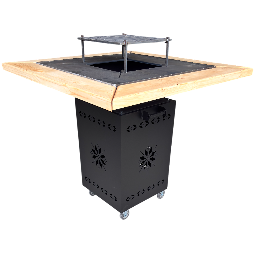 Fire Pit, Gratar cu plita 75x75 cm din otel 10 mm pe lemne, pentru gradina sau terasa  CU BLAT DE LEMN SI MOTIVE TRADITIONALE
