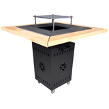 Fire Pit, Gratar cu plita 75x75 cm din otel 10 mm pe lemne, pentru gradina sau terasa  CU BLAT DE LEMN SI MOTIVE TRADITIONALE