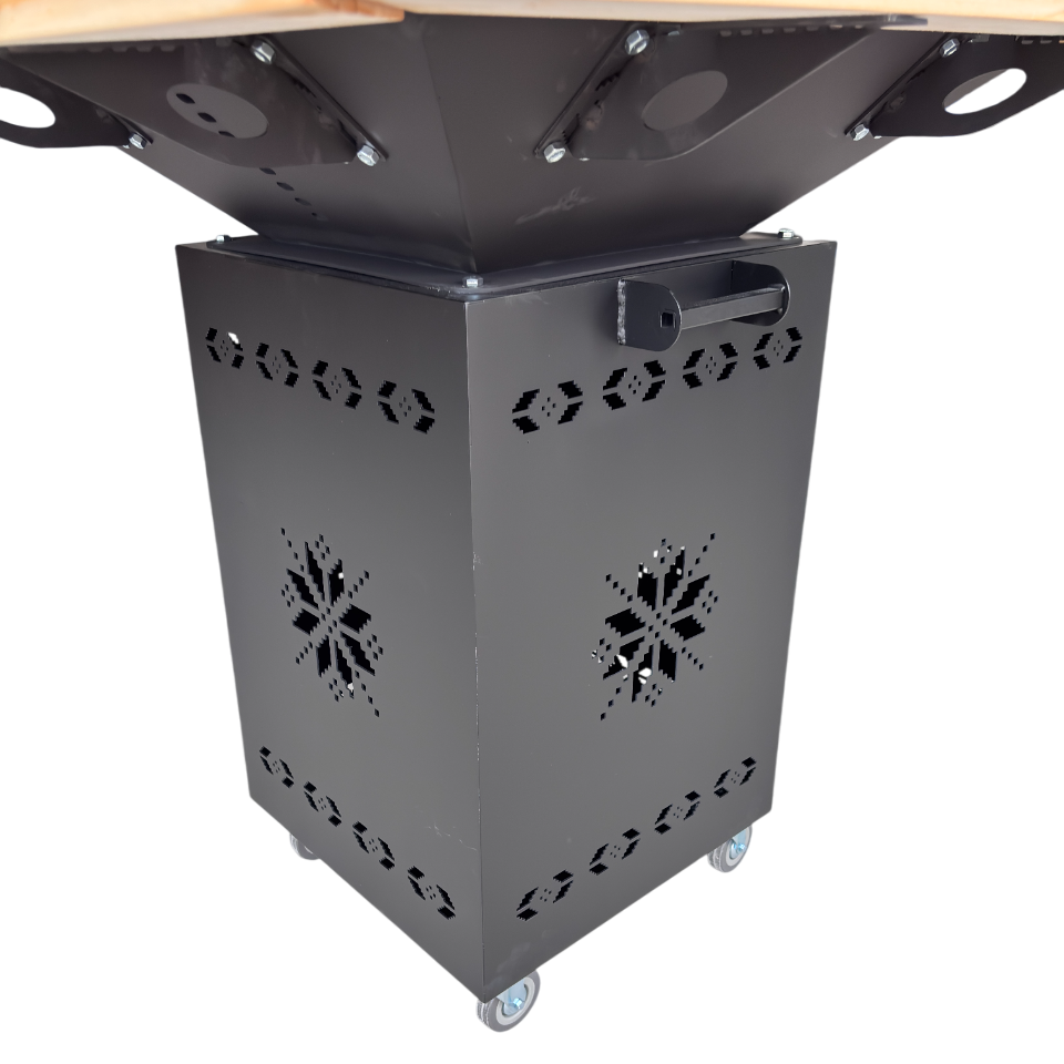 Fire Pit, Gratar cu plita 75x75 cm din otel 10 mm pe lemne, pentru gradina sau terasa  CU BLAT DE LEMN SI MOTIVE TRADITIONALE