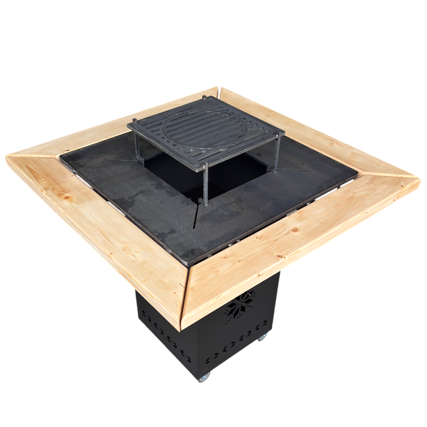 Fire Pit, Gratar cu plita 75x75 cm din otel 10 mm pe lemne, pentru gradina sau terasa  CU BLAT DE LEMN SI MOTIVE TRADITIONALE