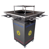 Fire Pit, Gratar cu plita 75x75 cm din otel 10 mm pe lemne, pentru gradina sau terasa  CU BLAT DE LEMN SI MOTIVE TRADITIONALE
