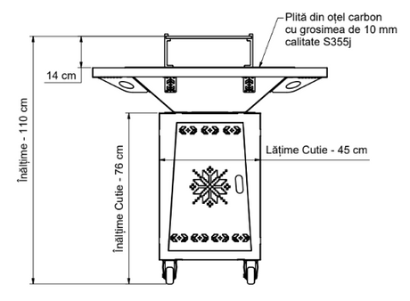 Fire Pit, Gratar cu plita 75x75 cm din otel 10 mm pe lemne, pentru gradina sau terasa  + blat de lemn, cu sticla colorata  FARA BLAT DE LEMN, CU MOTIVE TRADITIONALE