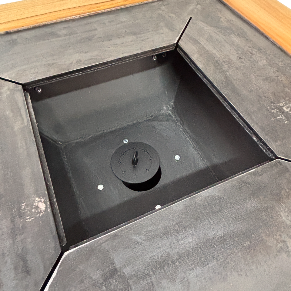 Fire Pit, Gratar cu plita 75x75 cm din otel 10 mm pe lemne, pentru gradina sau terasa  + blat de lemn, cu sticla colorata  NEVOPSIT, FARA BLAT DE LEMN SI FARA MOTIVE TRADITIONALE