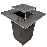 Fire Pit, Gratar cu plita 75x75 cm din otel 10 mm pe lemne, pentru gradina sau terasa  + blat de lemn, cu sticla colorata  NEVOPSIT, FARA BLAT DE LEMN SI FARA MOTIVE TRADITIONALE