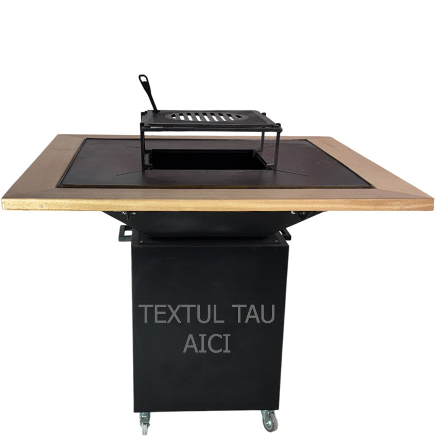 Fire Pit, Gratar cu plita 75x75 cm din otel 10 mm pe lemne, pentru gradina sau terasa  + blat de lemn, cu sticla colorata  PERSONALIZAT