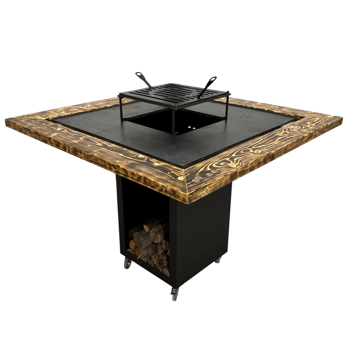 Fire Pit, Gratar cu plita 95 x 95 cm din otel 8 mm pe lemne, pentru gradina sau terasa+ grill detasabil + blat lemn - BUZ.RO