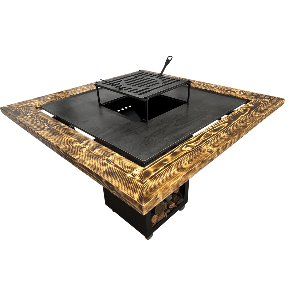 Fire Pit, Gratar cu plita 95 x 95 cm din otel 8 mm pe lemne, pentru gradina sau terasa+ grill detasabil + blat lemn - BUZ.RO