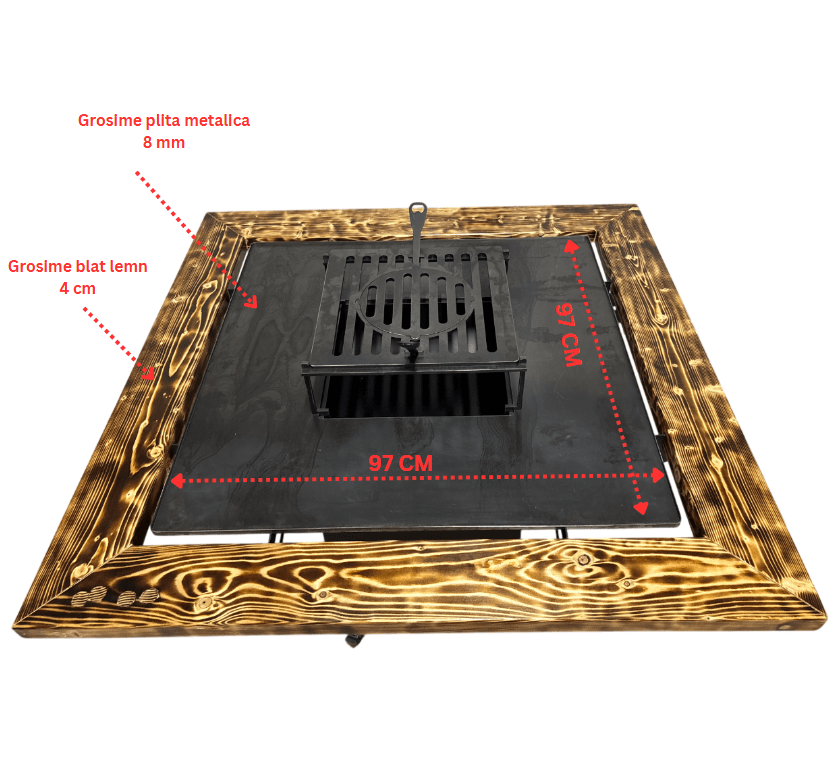 Fire Pit, Gratar cu plita 95 x 95 cm din otel 8 mm pe lemne, pentru gradina sau terasa+ grill detasabil + blat lemn - BUZ.RO