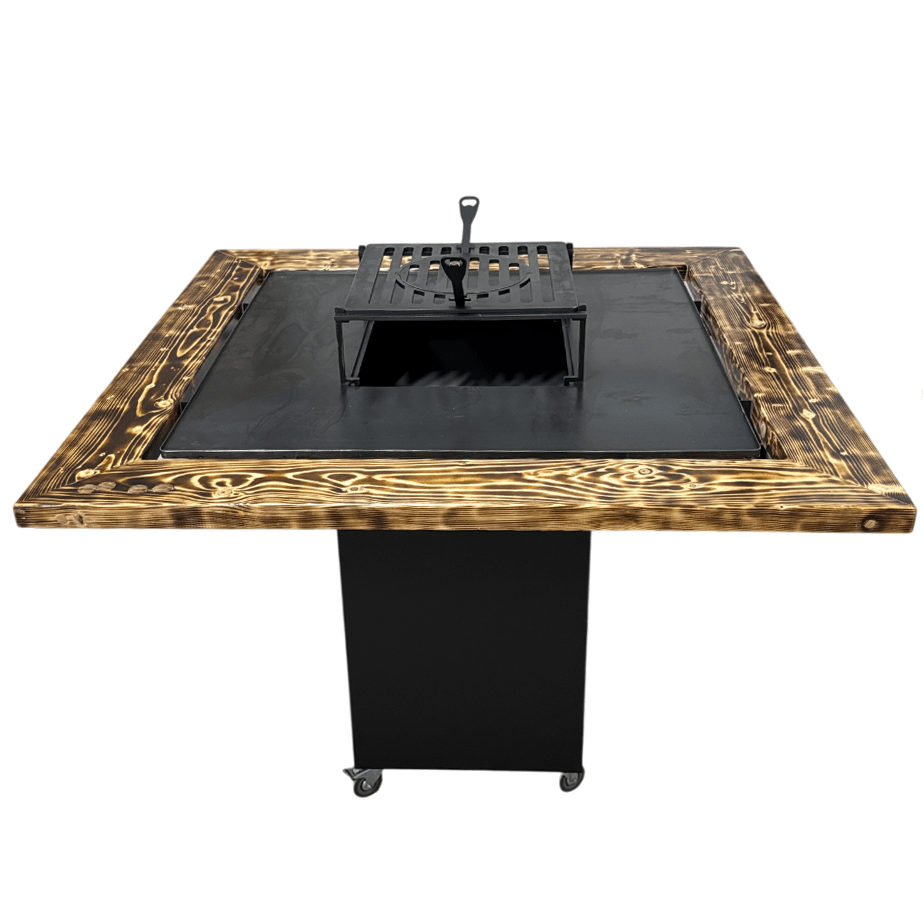 Fire Pit, Gratar cu plita 95 x 95 cm din otel 8 mm pe lemne, pentru gradina sau terasa+ grill detasabil + blat lemn - BUZ.RO