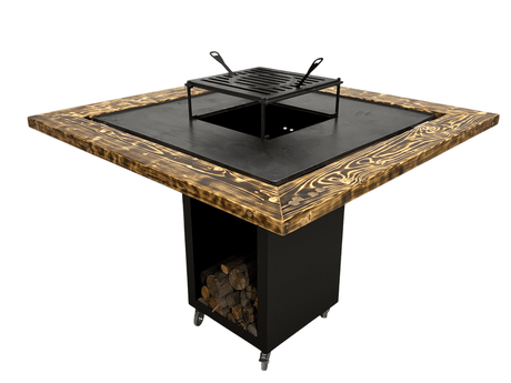Fire Pit, Gratar cu plita 95 x 95 cm din otel 8 mm pe lemne, pentru gradina sau terasa+ grill detasabil + blat lemn - BUZ.RO
