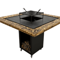 Fire Pit, Gratar cu plita 95 x 95 cm din otel 8 mm pe lemne, pentru gradina sau terasa+ grill detasabil + blat lemn