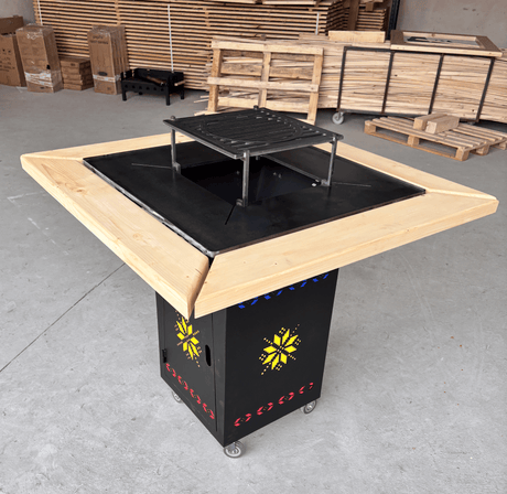 Fire Pit, Gratar cu plita 95x 95 cm din otel 10 mm pe lemne, pentru gradina sau terasa+ grill detasabil - BUZ.RO