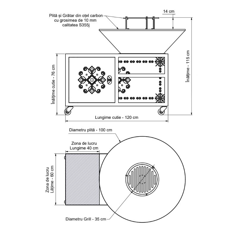 Gratar gradina cu plita 10 mm diametru 100 cm Fire Pit+ masa lucru+ spatiu depozitare