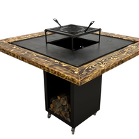 Fire Pit, Gratar cu plita 97.5 x 97.5 cm din otel 8 mm pe lemne, pentru gradina sau terasa+ grill detasabil + blat lemn