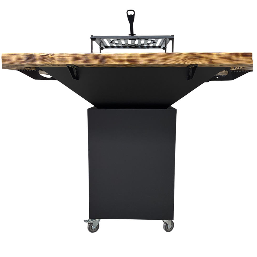 Fire Pit, Gratar cu plita 97.5 x 97.5 cm din otel 8 mm pe lemne, pentru gradina sau terasa+ grill detasabil + blat lemn