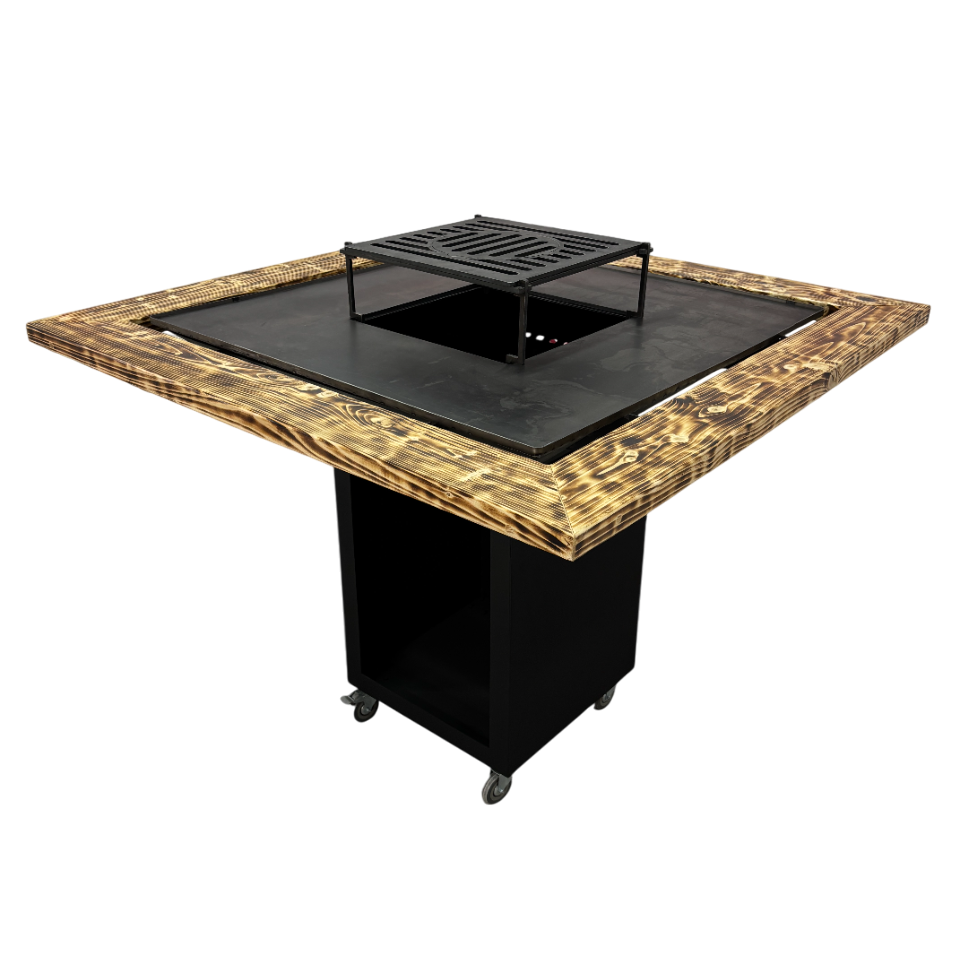 Fire Pit, Gratar cu plita 97.5 x 97.5 cm din otel 8 mm pe lemne, pentru gradina sau terasa+ grill detasabil + blat lemn