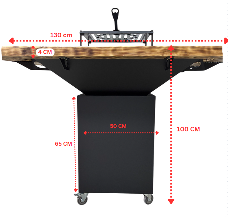 Fire Pit, Gratar cu plita 97.5 x 97.5 cm din otel 8 mm pe lemne, pentru gradina sau terasa+ grill detasabil + blat lemn