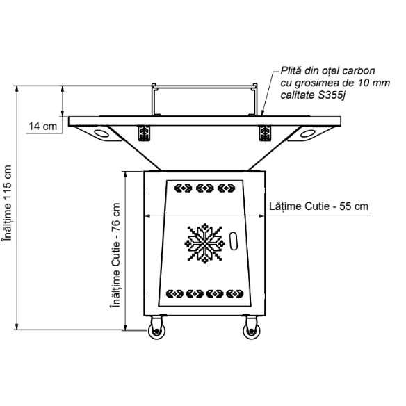 Fire Pit, Gratar cu plita 95x 95 cm din otel 10 mm pe lemne, pentru gradina sau terasa  + blat de lemn