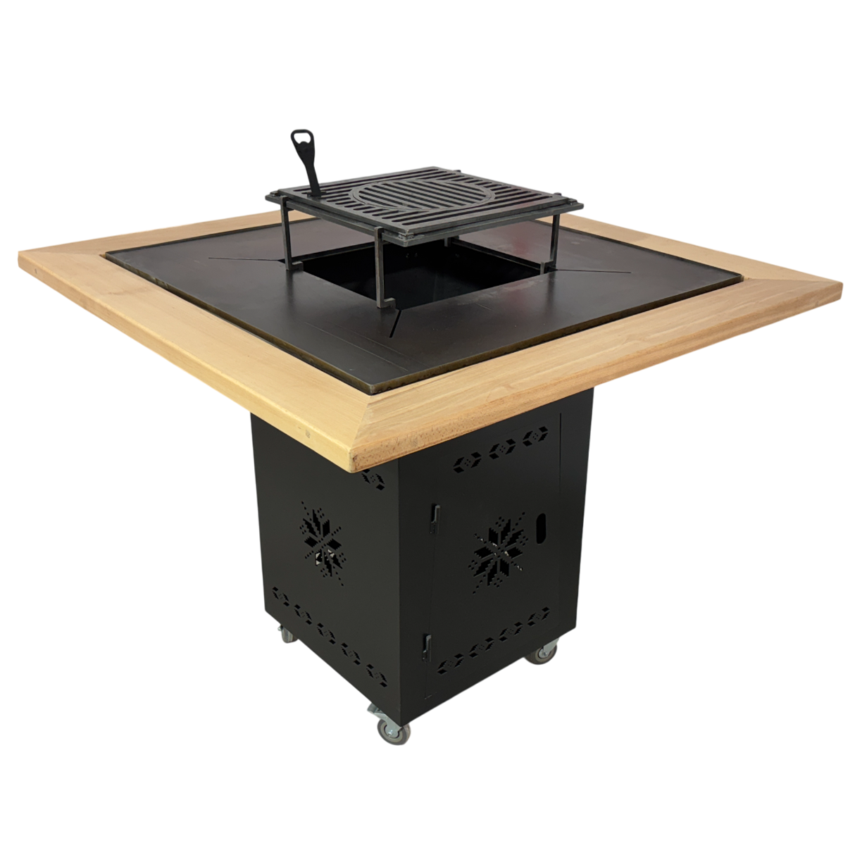 Fire Pit, Gratar cu plita 95x 95 cm din otel 10 mm pe lemne, pentru gradina sau terasa  + blat de lemn