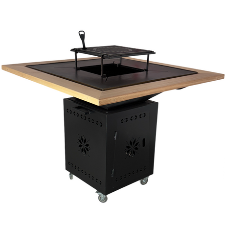 Fire Pit, Gratar cu plita 95x 95 cm din otel 10 mm pe lemne, pentru gradina sau terasa  + blat de lemn