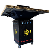 Fire Pit, Gratar cu plita 75x75 cm din otel 10 mm pe lemne, pentru gradina sau terasa  + blat de lemn, cu sticla colorata  CU BLAT DE LEMN SI MOTIVE TRADITIONALE