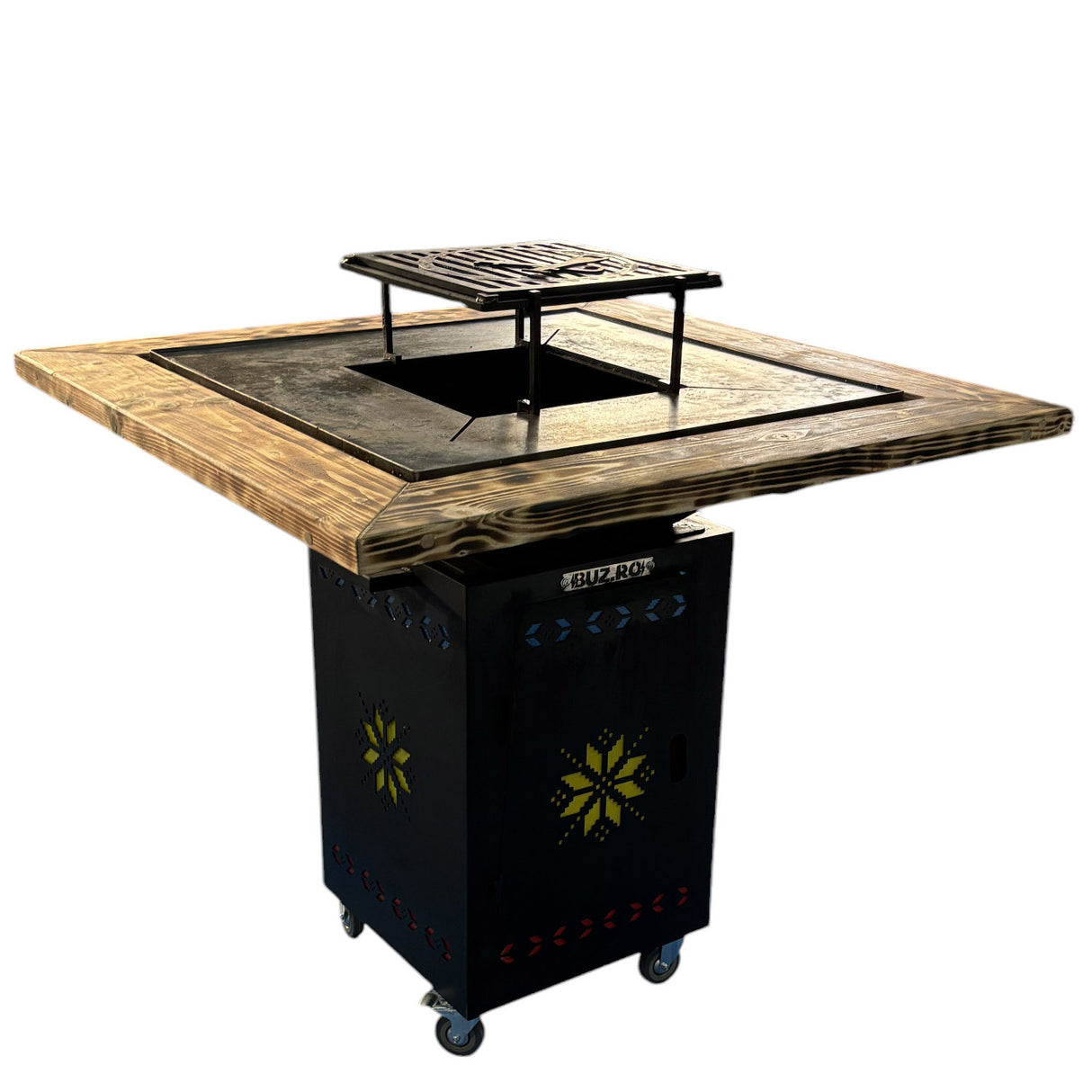 Fire Pit, Gratar cu plita 75x75 cm din otel 10 mm pe lemne, pentru gradina sau terasa  + blat de lemn, cu sticla colorata  CU BLAT DE LEMN SI MOTIVE TRADITIONALE