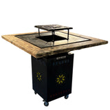 Fire Pit, Gratar cu plita 75x75 cm din otel 10 mm pe lemne, pentru gradina sau terasa  + blat de lemn, cu sticla colorata  CU BLAT DE LEMN SI MOTIVE TRADITIONALE