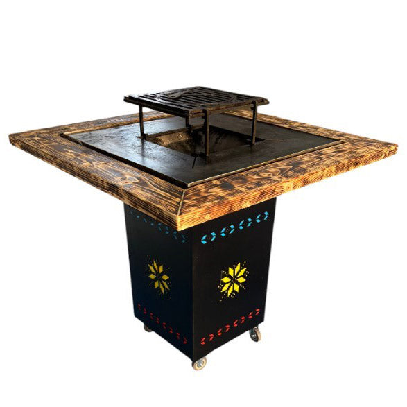 Fire Pit, Gratar cu plita 75x75 cm din otel 10 mm pe lemne, pentru gradina sau terasa  + blat de lemn, cu sticla colorata  CU BLAT DE LEMN SI MOTIVE TRADITIONALE