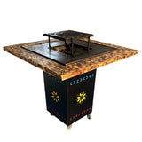 Fire Pit, Gratar cu plita 75x75 cm din otel 10 mm pe lemne, pentru gradina sau terasa  + blat de lemn, cu sticla colorata  CU BLAT DE LEMN SI MOTIVE TRADITIONALE
