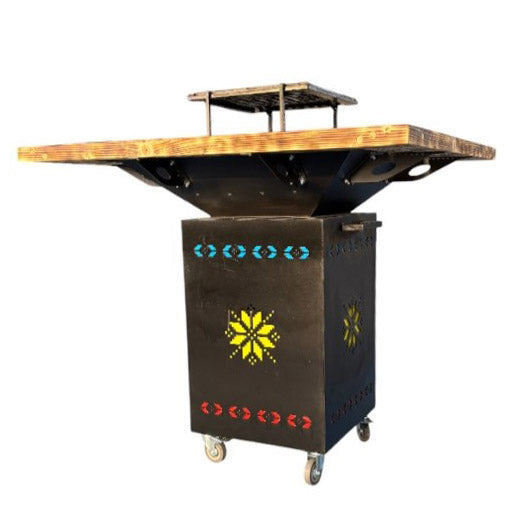 Fire Pit, Gratar cu plita 75x75 cm din otel 10 mm pe lemne, pentru gradina sau terasa  + blat de lemn, cu sticla colorata  CU BLAT DE LEMN SI MOTIVE TRADITIONALE