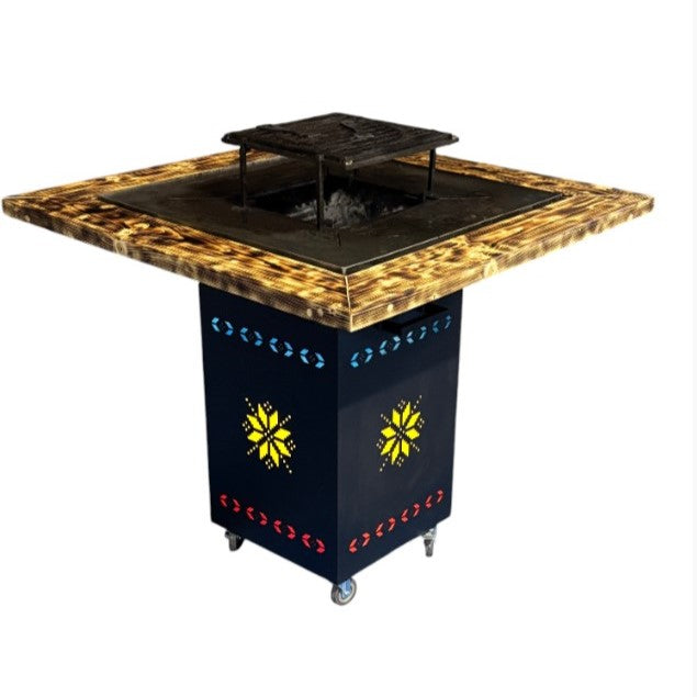 Fire Pit, Gratar cu plita 75x75 cm din otel 10 mm pe lemne, pentru gradina sau terasa  + blat de lemn, cu sticla colorata  CU BLAT DE LEMN SI MOTIVE TRADITIONALE