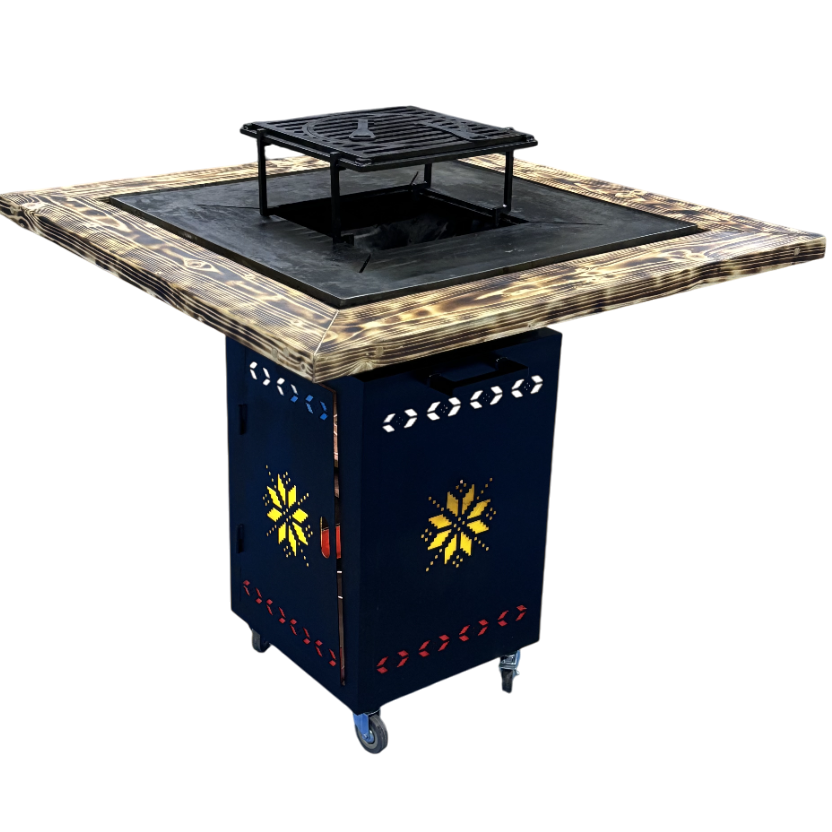 Fire Pit, Gratar cu plita 75x75 cm din otel 10 mm pe lemne, pentru gradina sau terasa  + blat de lemn, cu sticla colorata  CU BLAT DE LEMN SI MOTIVE TRADITIONALE